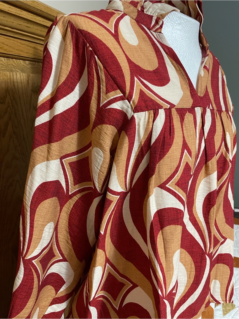 Jodifl Red and Cream Patterned Ruffle-Neck Blouse - Picture 3 of 9